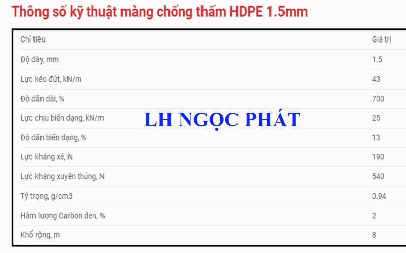 Thông số màng chống thấm HDPE dày 1.5mm