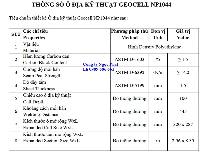 Tiêu chuẩn thiết kế geocell cao 10cm mới nhất