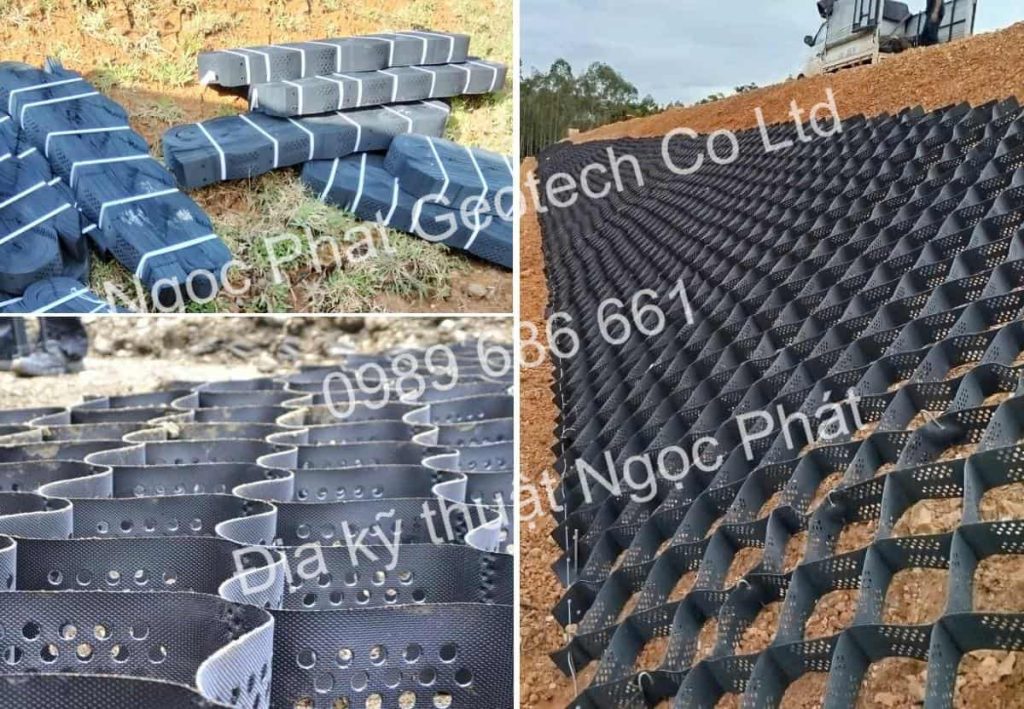 Giá ô địa cao 10cm geocell HDPE gia cố mái dốc trồng cỏ đổ bê tông chống xói mòn