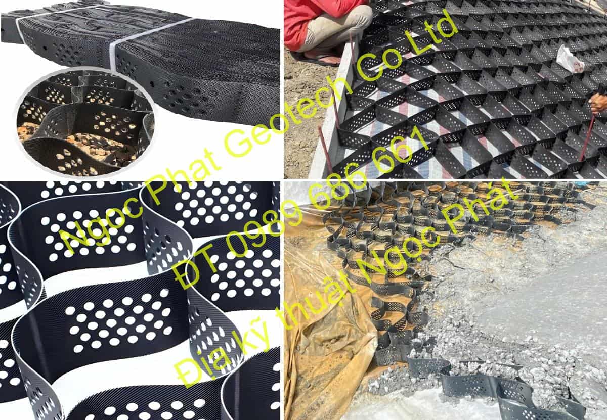Ô địa 100mm chèn bê tông là hệ thống geocell cao 100mm trải trên nền đất hoặc mái dốc sau đó chèn bê tông