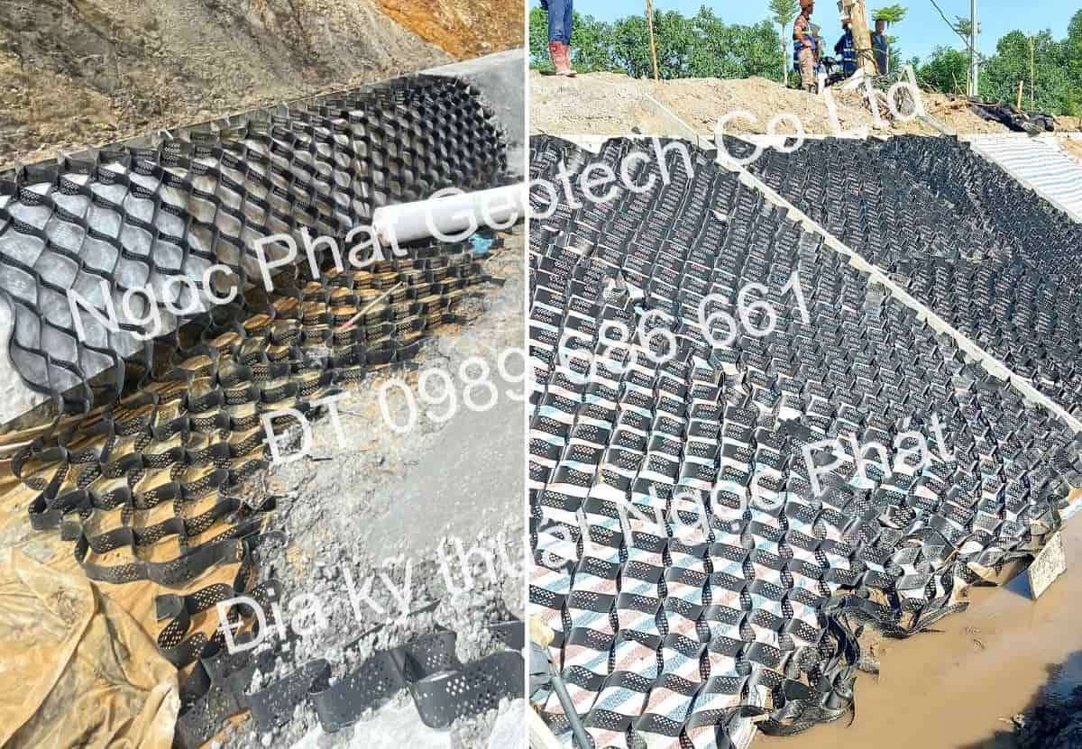 Ô địa cao 10cm - Geocell HDPE 100mm gia cố mái kênh đổ bê tông chống xói công trình thủy lợi