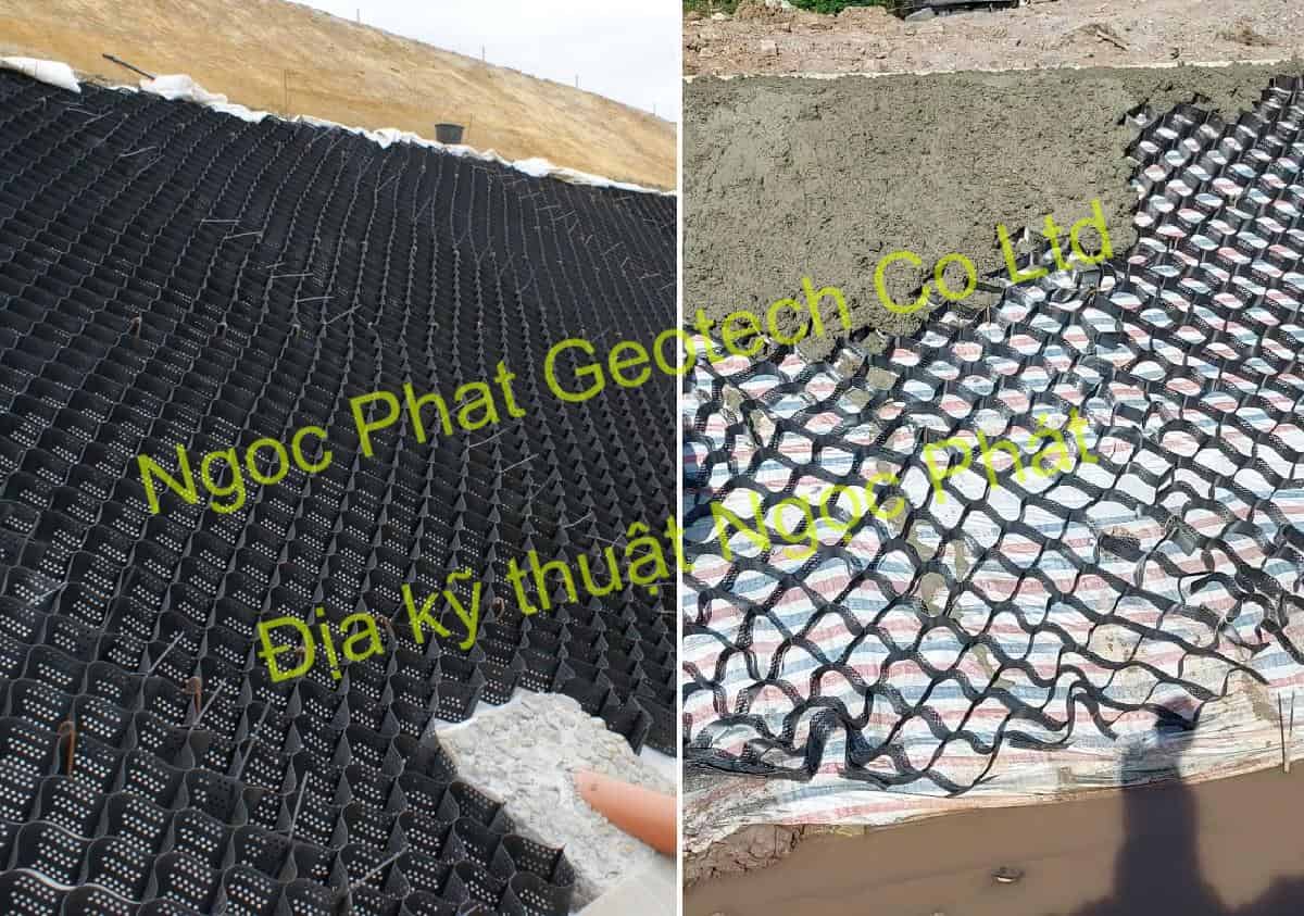 Ô địa kỹ thuật geocell cao 100mm gia cố mái kênh đổ bê tông