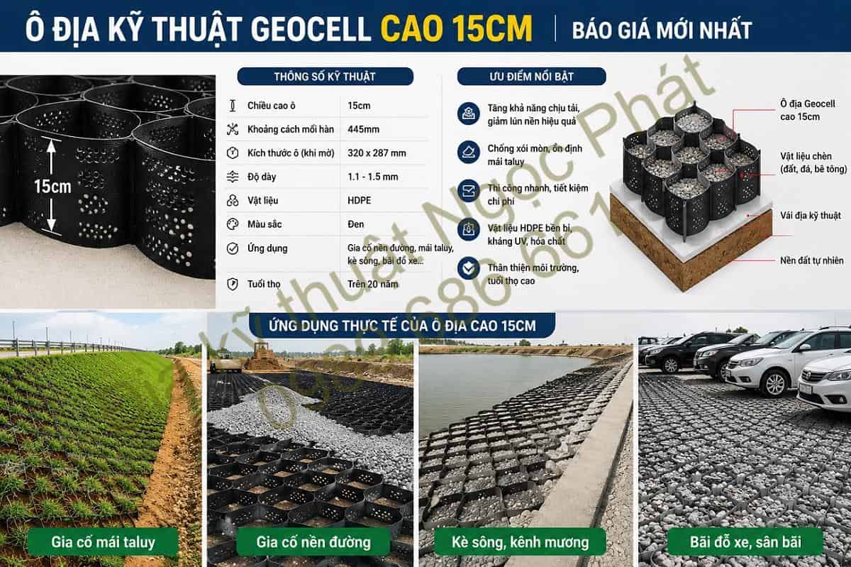Ô địa kỹ thuật geocell 150mm ứng dụng gia cố mái taluy nền đường và kè sông