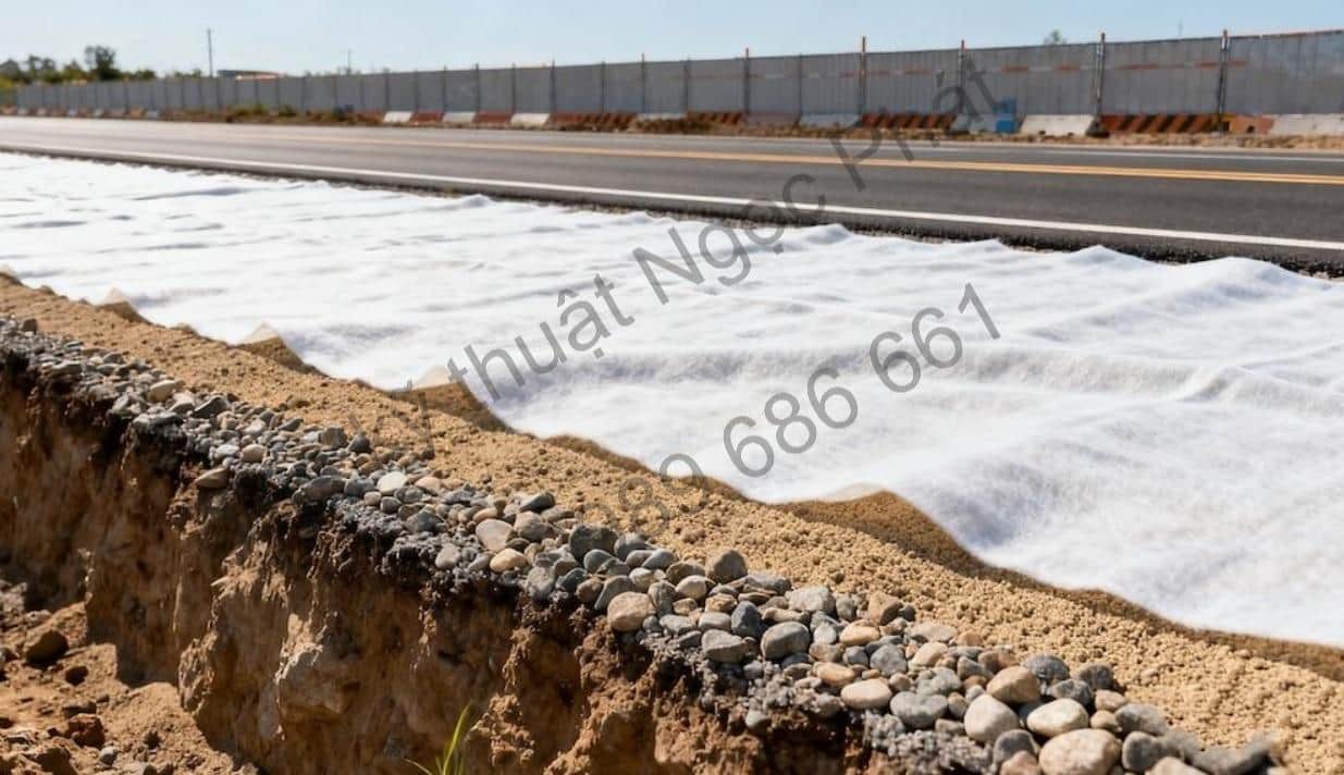 Trải vải địa kỹ thuật trước khi đắp đá